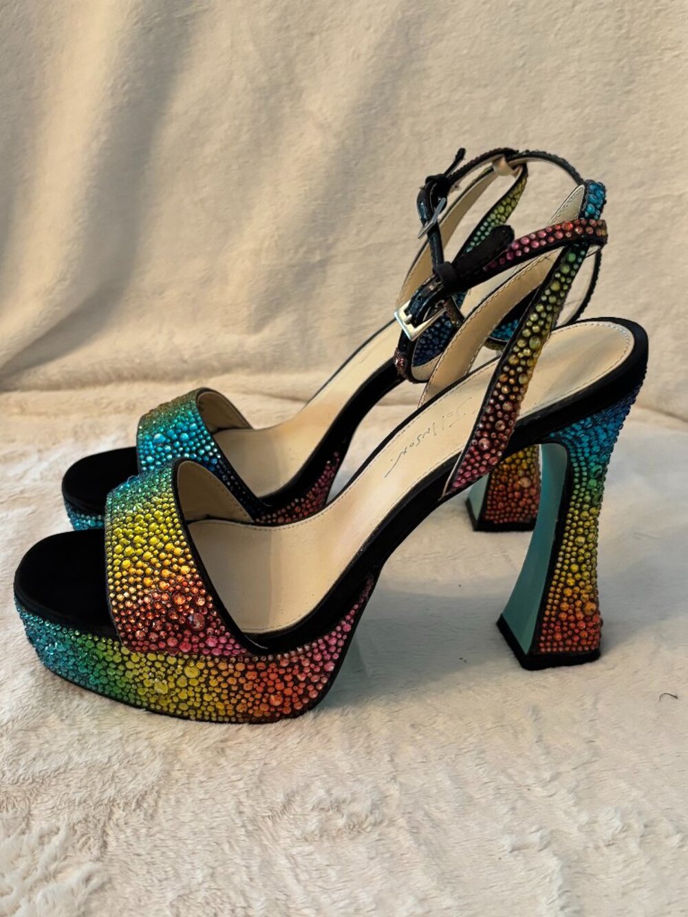 Betsey Johnson "Beth" Rainbow Rhinestone Strappy Platform Sandals